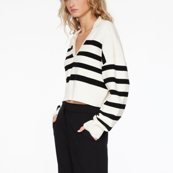 Dynamite Black and White Striped V-Neck Polo Sweater - Picture 5 of 5